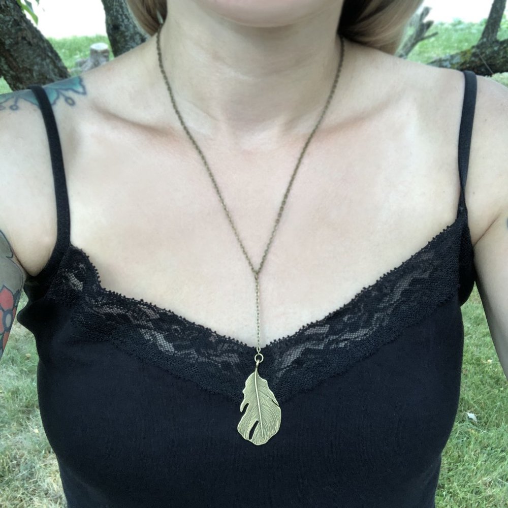 Antique Brass Feather Y-Necklace - Picture 2 of 4